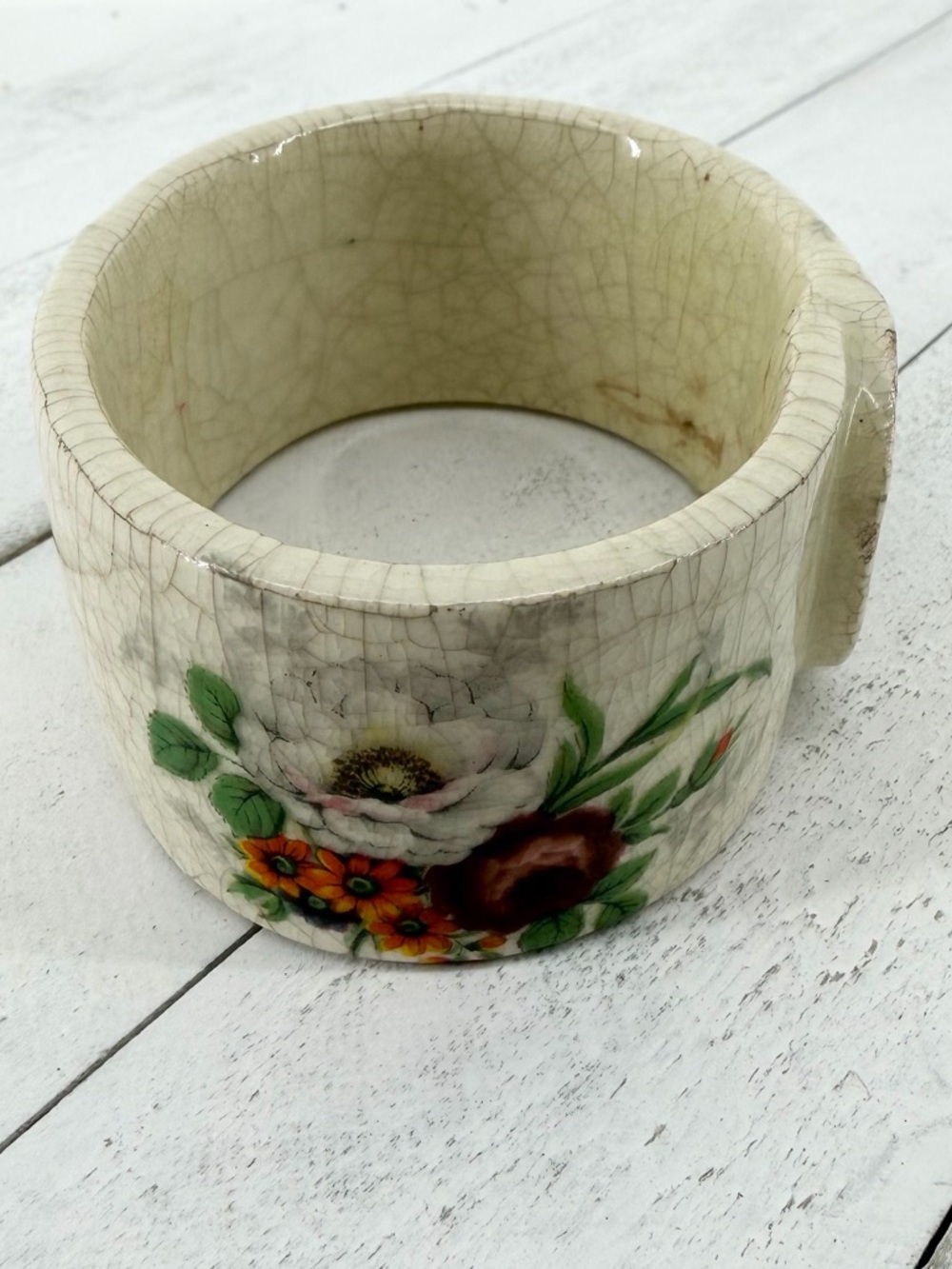 Vintage Hand Painted Floral Ceramic Bangle Bracelet Small Fit Oval Crackle - Picture 2 of 7